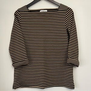 Coldwater Creek Boat Neck Shirt Striped Tan Black Women's Small 8 Rolled Cuff